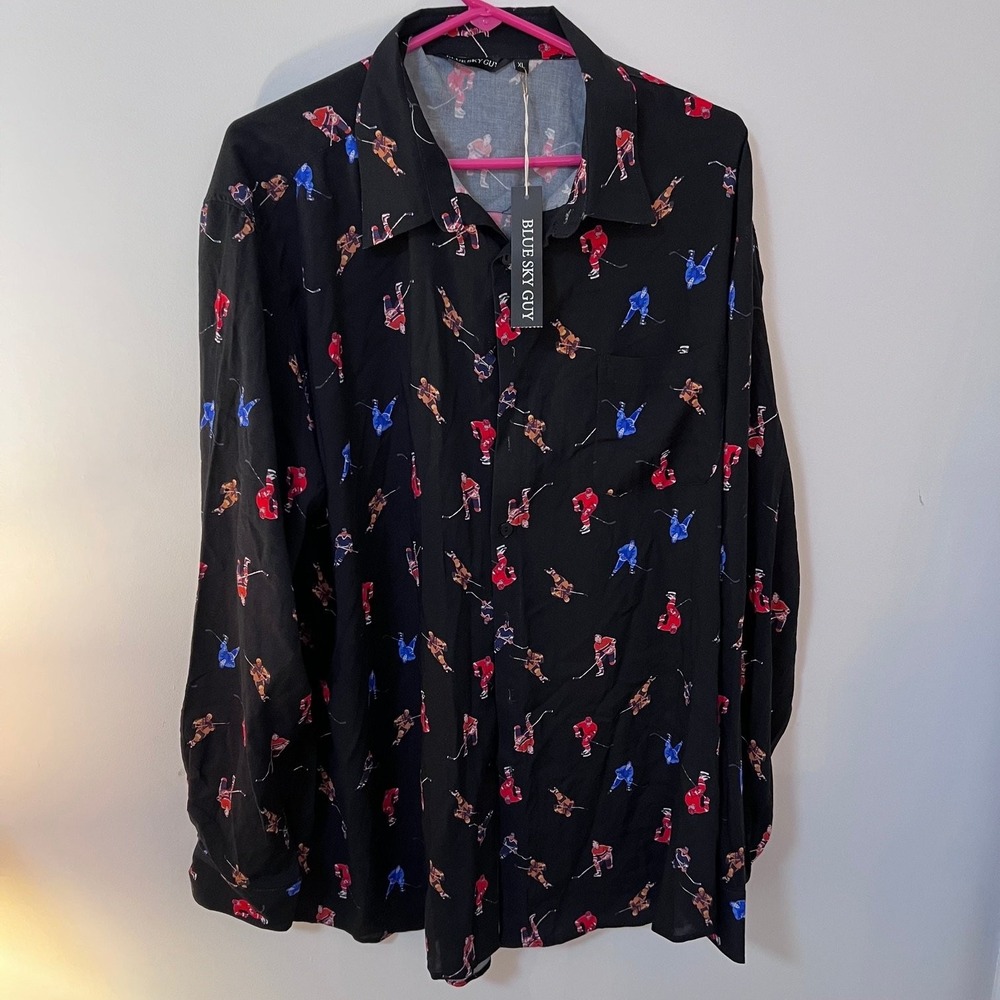 BLUE SKY GUY Men's XL Black Hockey Player Pattern Casual Button-Down Shirt
